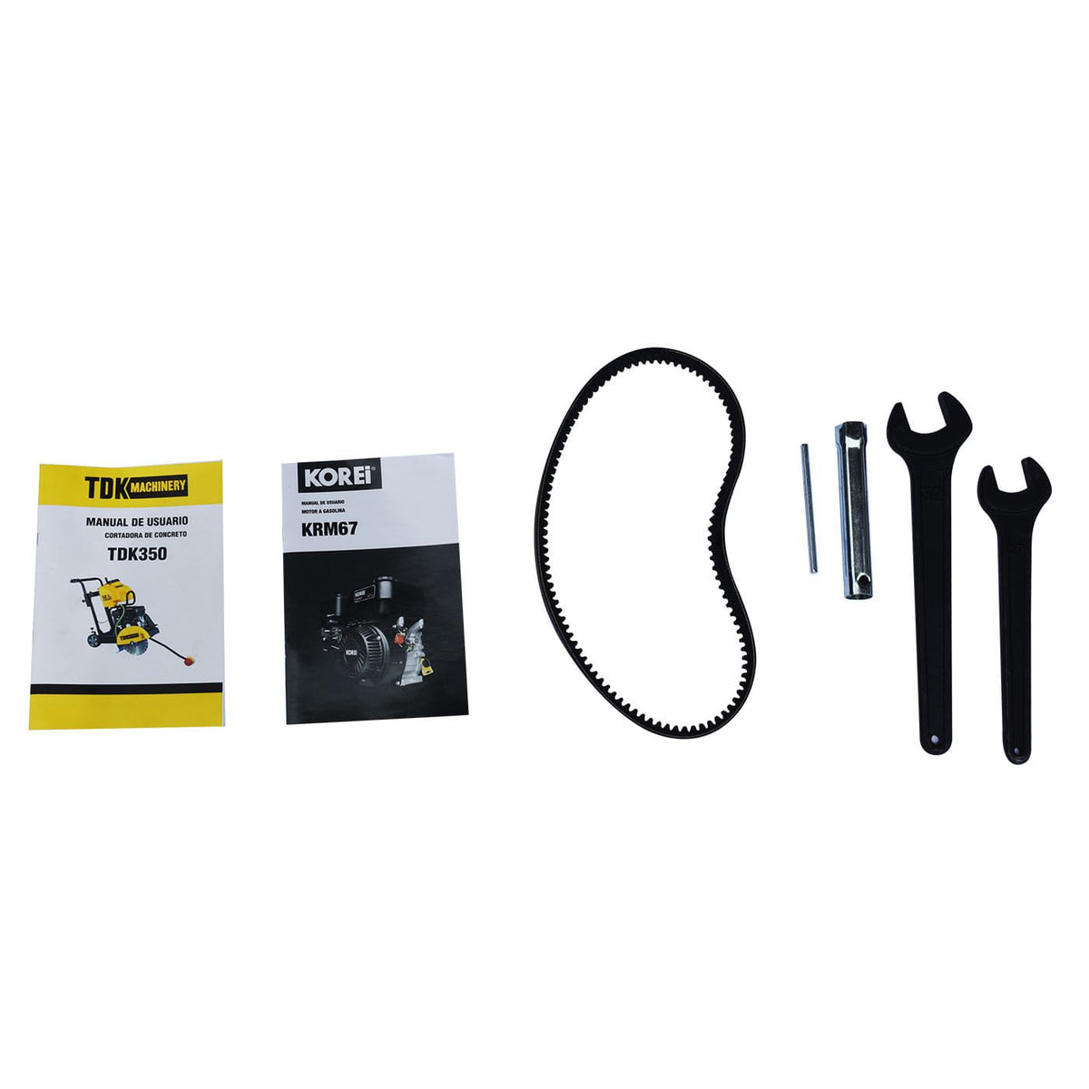 Cortadora de concreto TDK TDK350-KR67 con motor Korei de 6.7 HP, manual y accesorios incluidos.