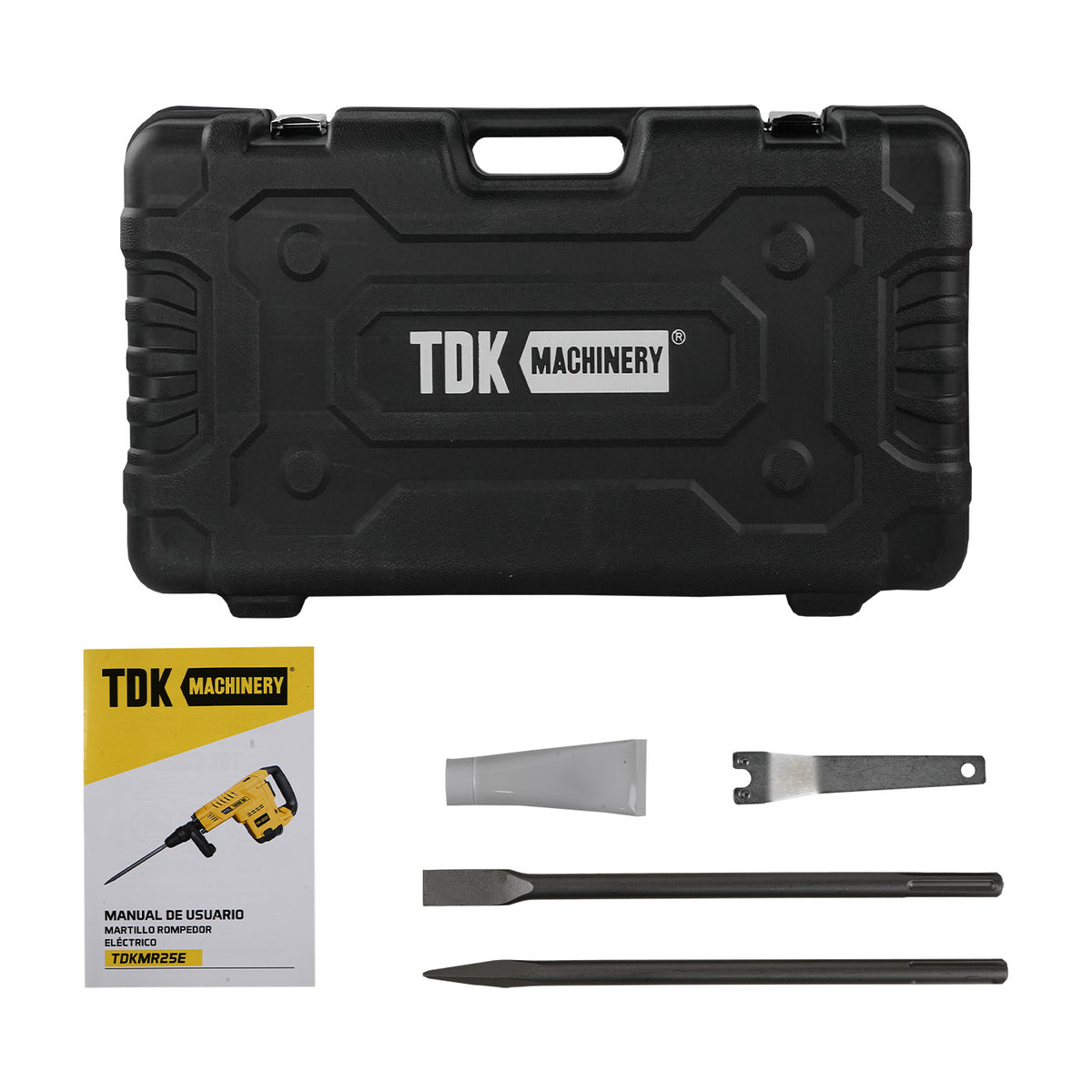Estuche, manual y accesorios del martillo rompedor TDK TDKMR25E.