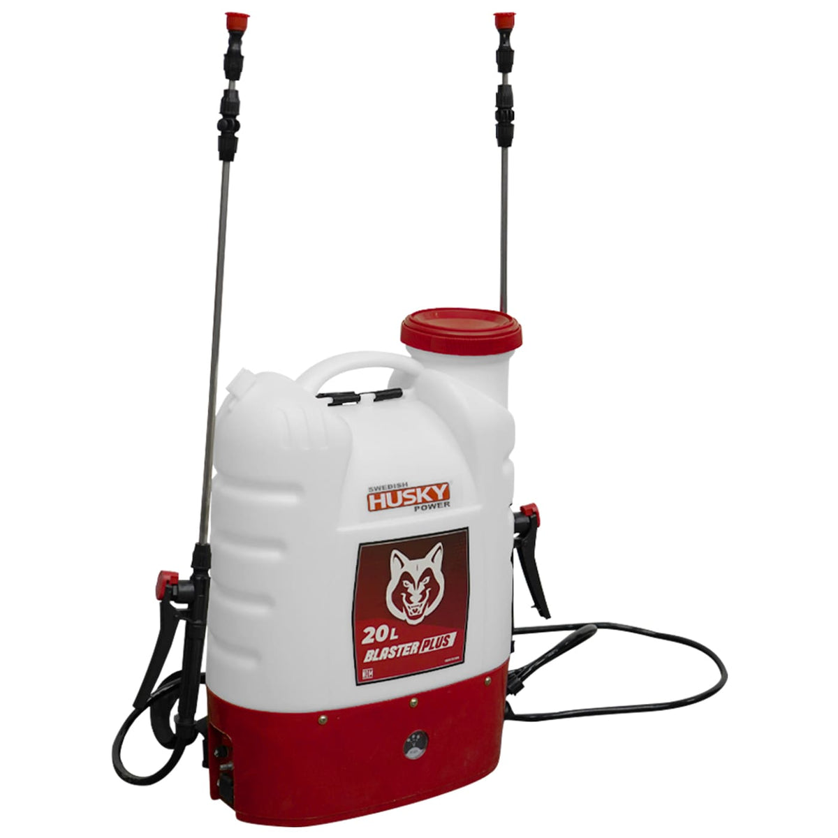 Aspersora eléctrica Husky Power BLASTERPLUS de 20 L con dos lanzas, vista lateral.