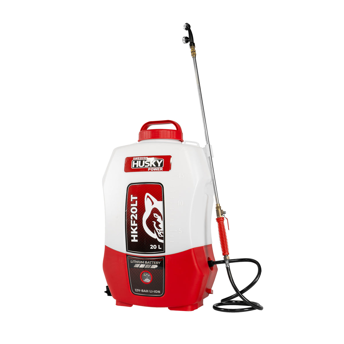 Aspersora eléctrica Husky Power HKF20LT de 20 L con batería de litio, vista en tres cuartos.