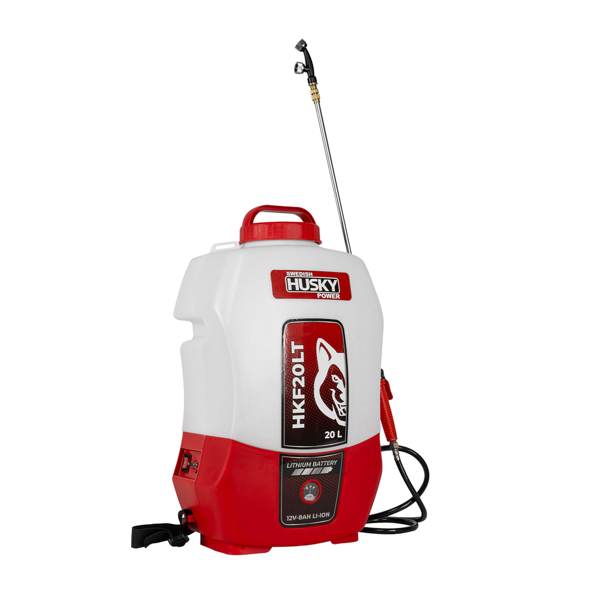Aspersora eléctrica Husky Power HKF20LT de 20 L con batería de litio, vista lateral.