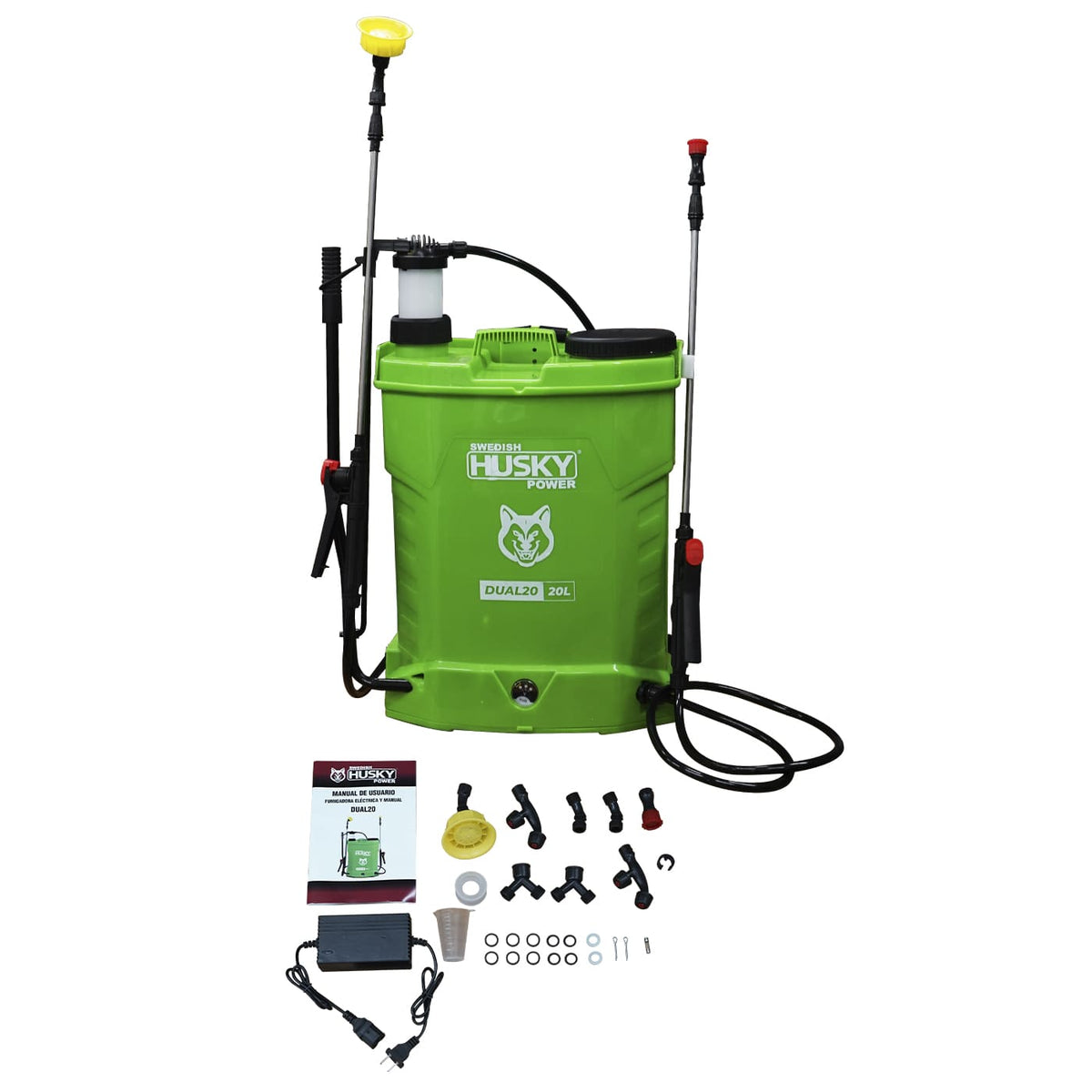 Aspersora eléctrica y manual Swedish Husky Power DUAL20 de 20 litros, vista principal con accesorios.