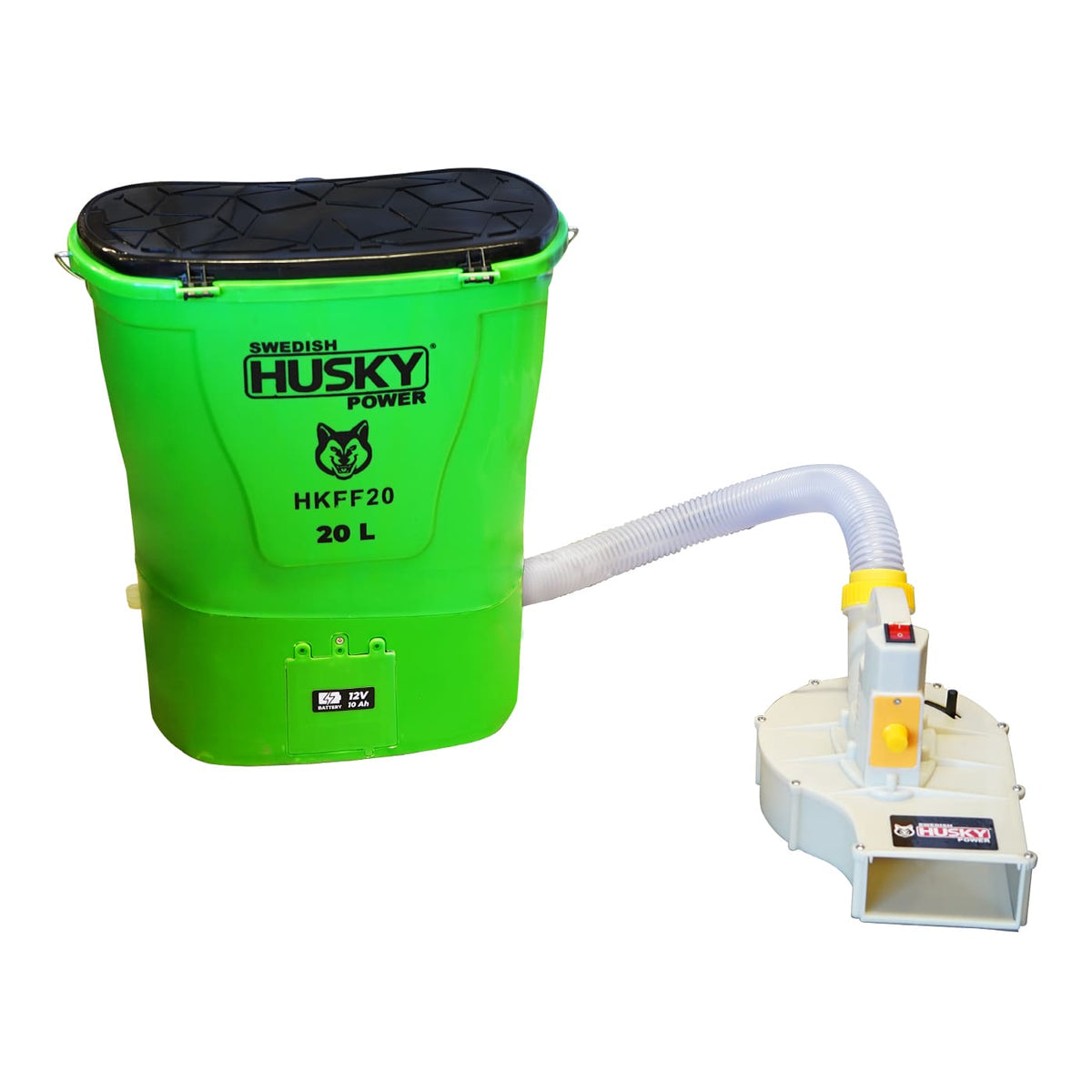 Aspersora eléctrica para granulados Swedish Husky Power HKFF20 de 20 litros, vista principal.