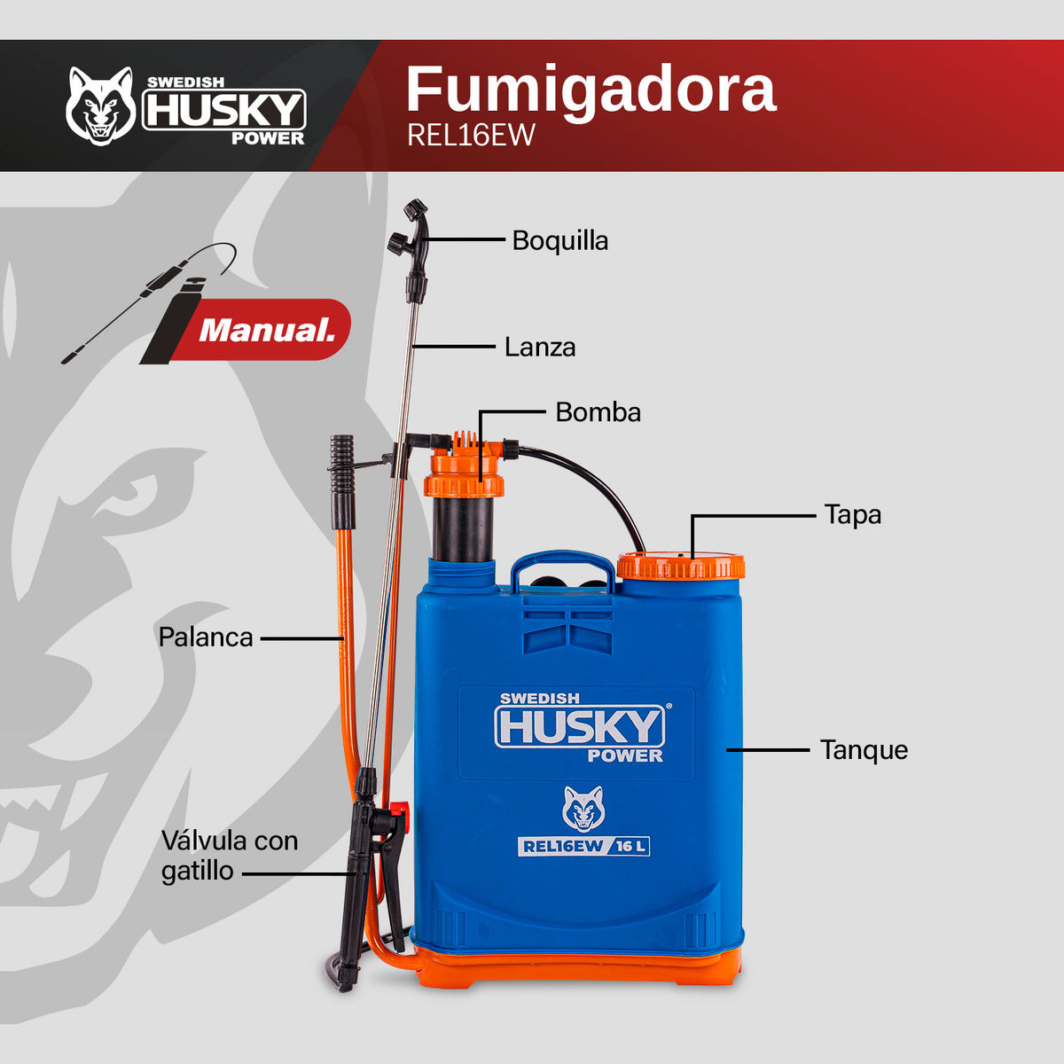 Aspersora manual Husky Power REL16EW de 16 L, infografía de partes.