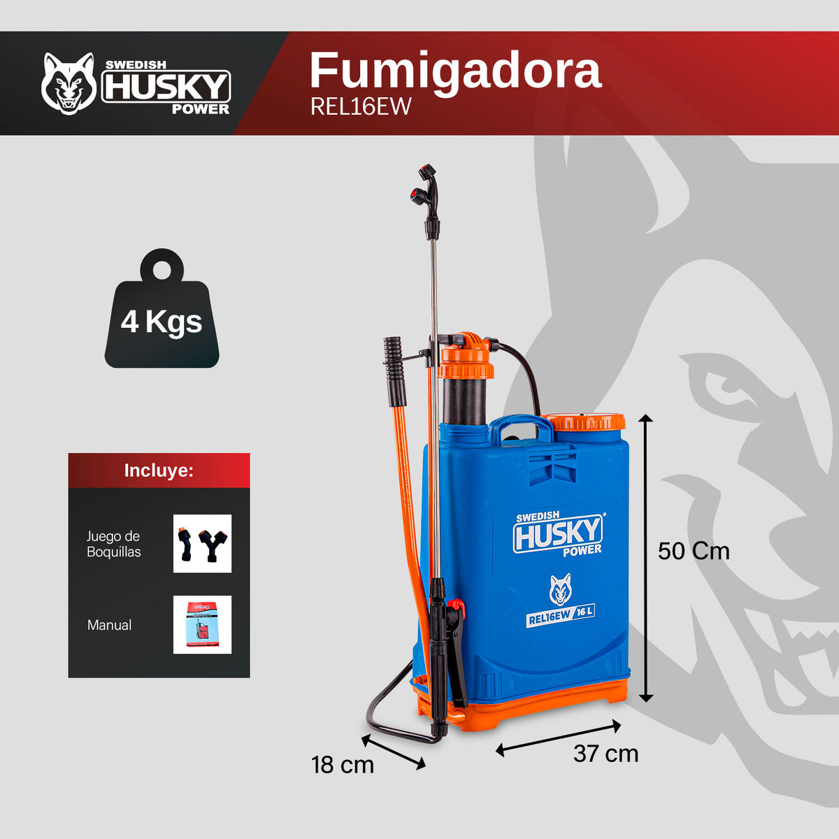 Aspersora manual Husky Power REL16EW de 16 L, infografía de dimensiones.