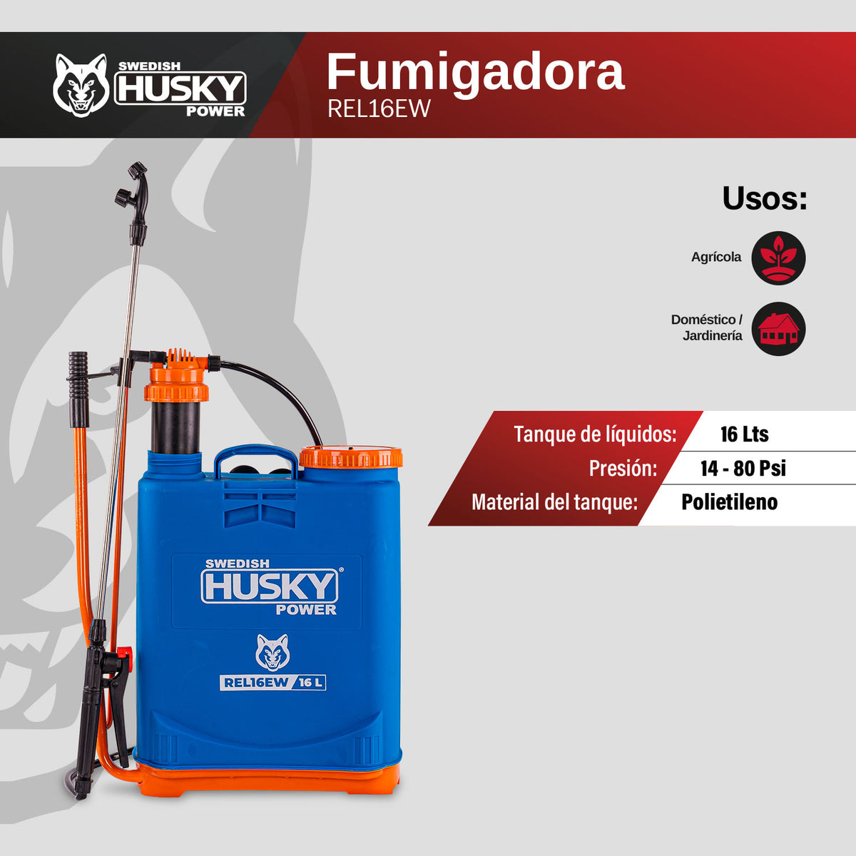 Aspersora manual Husky Power REL16EW de 16 L, infografía de usos.