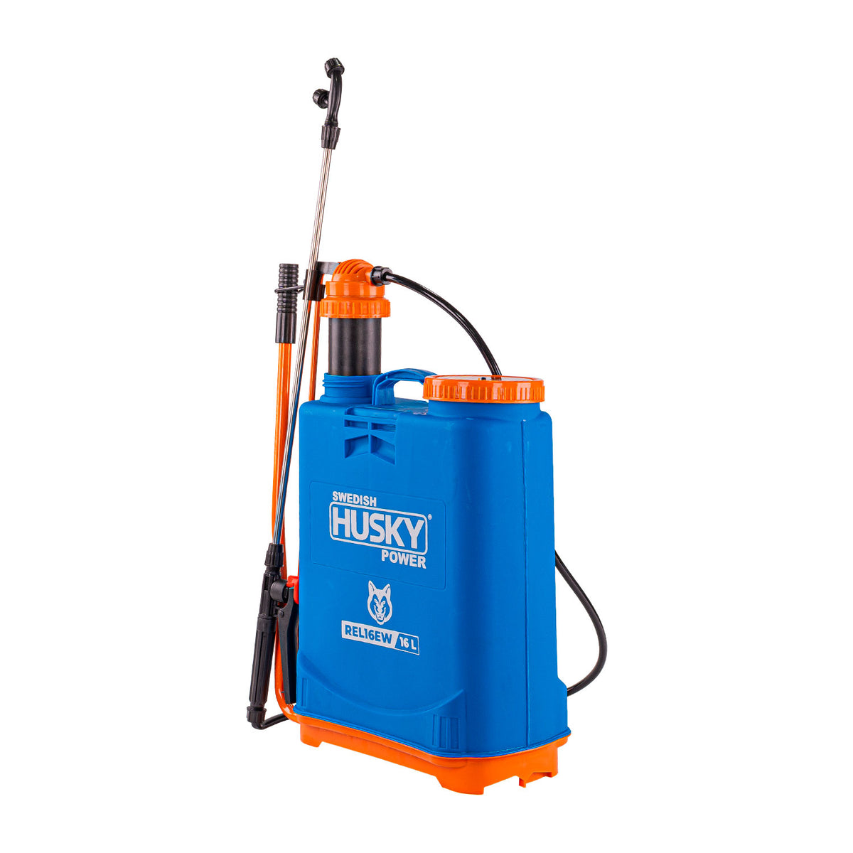 Aspersora manual Husky Power REL16EW de 16 L, vista en tres cuartos.