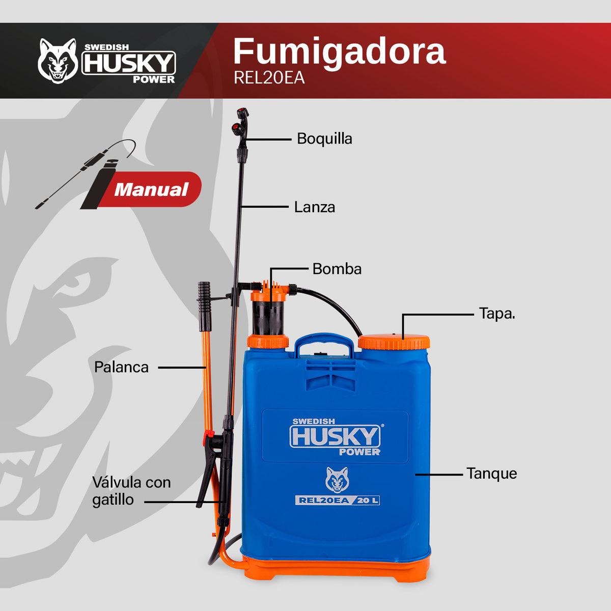 Aspersora manual Husky Power REL20EA de 20 L, infografía de partes.
