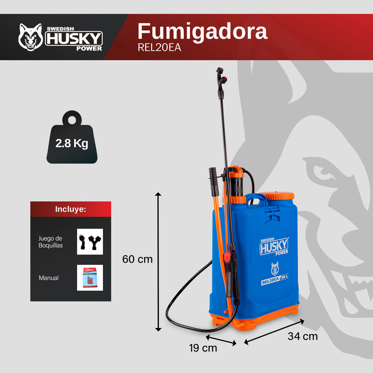 Aspersora manual Husky Power REL20EA de 20 L, infografía de dimensiones.