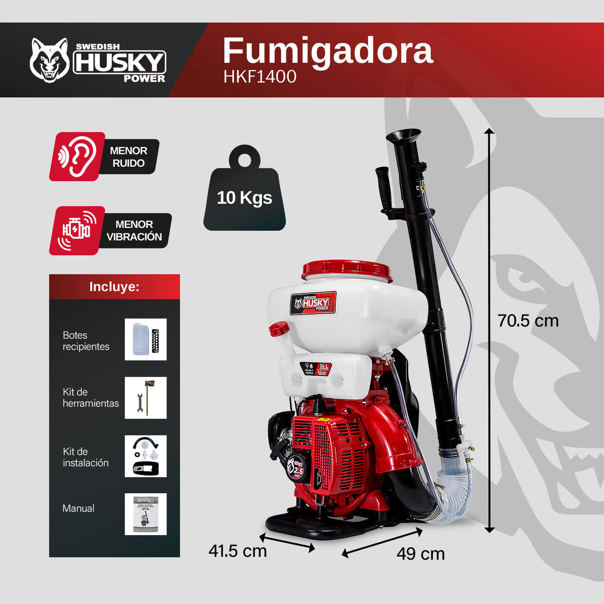 Aspersora motorizada Husky Power HKF1400 de 14 L y 41.5 cc, infografía de dimensiones.