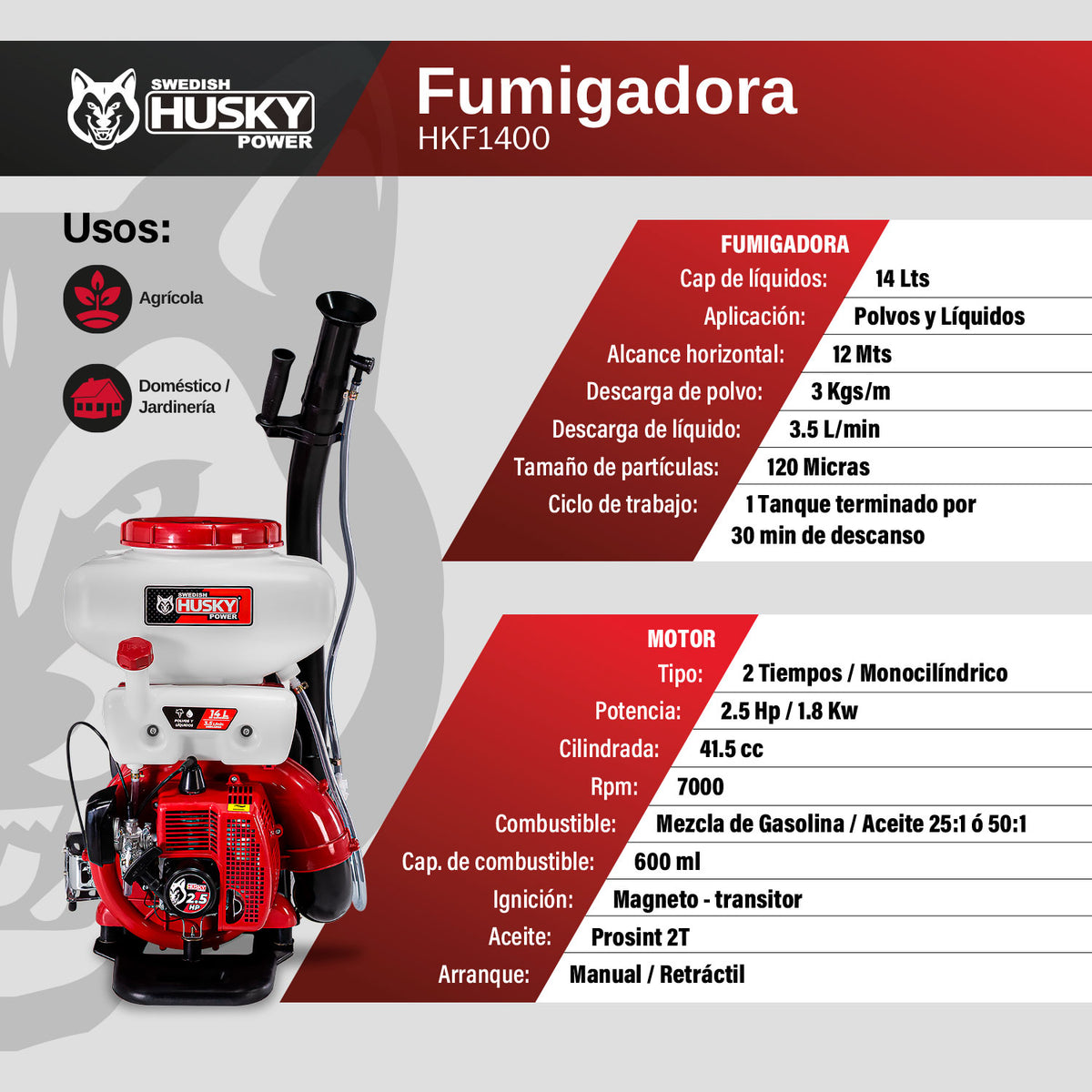 Aspersora motorizada Husky Power HKF1400 de 14 L y 41.5 cc, infografía de especificaciones.
