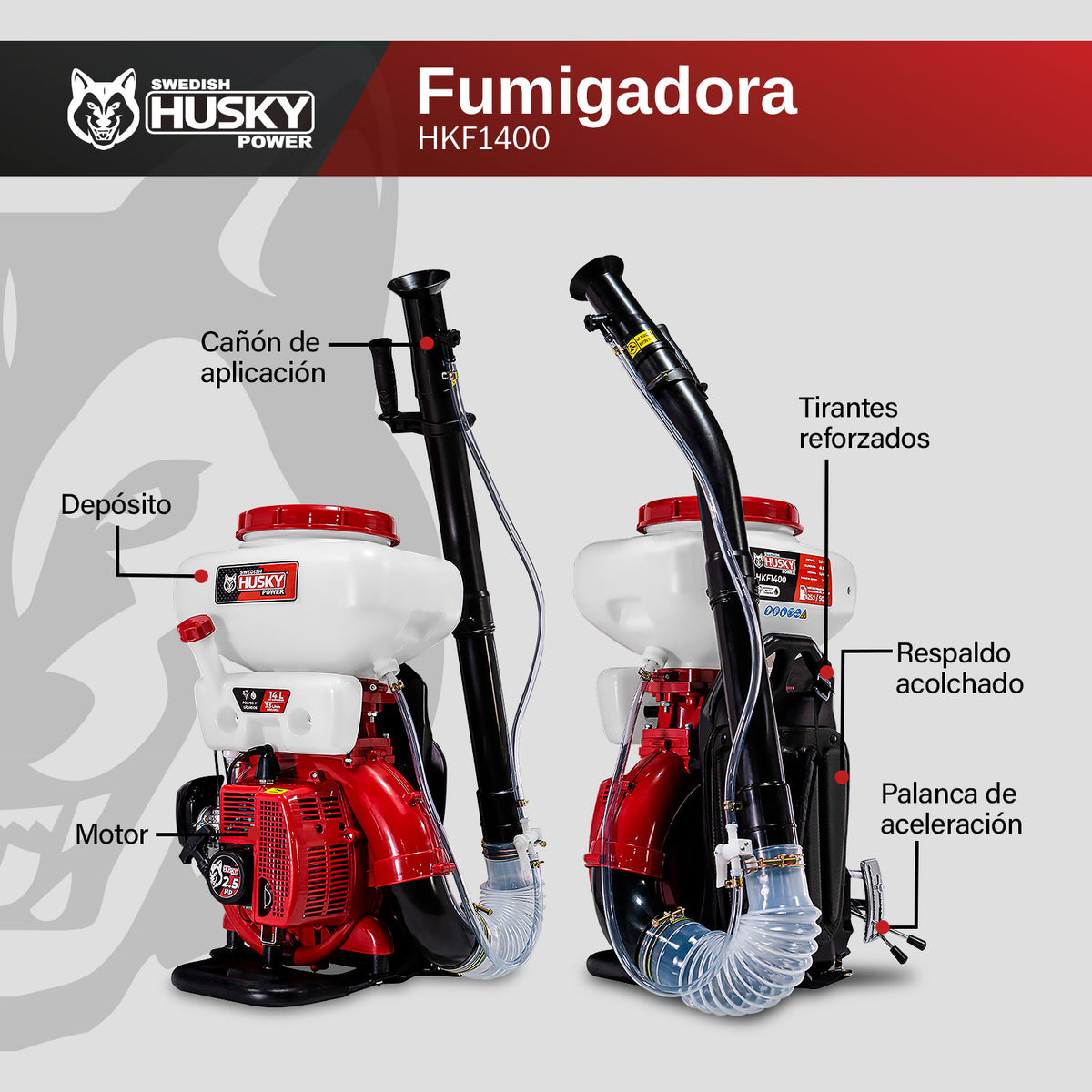 Aspersora motorizada Husky Power HKF1400 de 14 L y 41.5 cc, infografía de componentes.