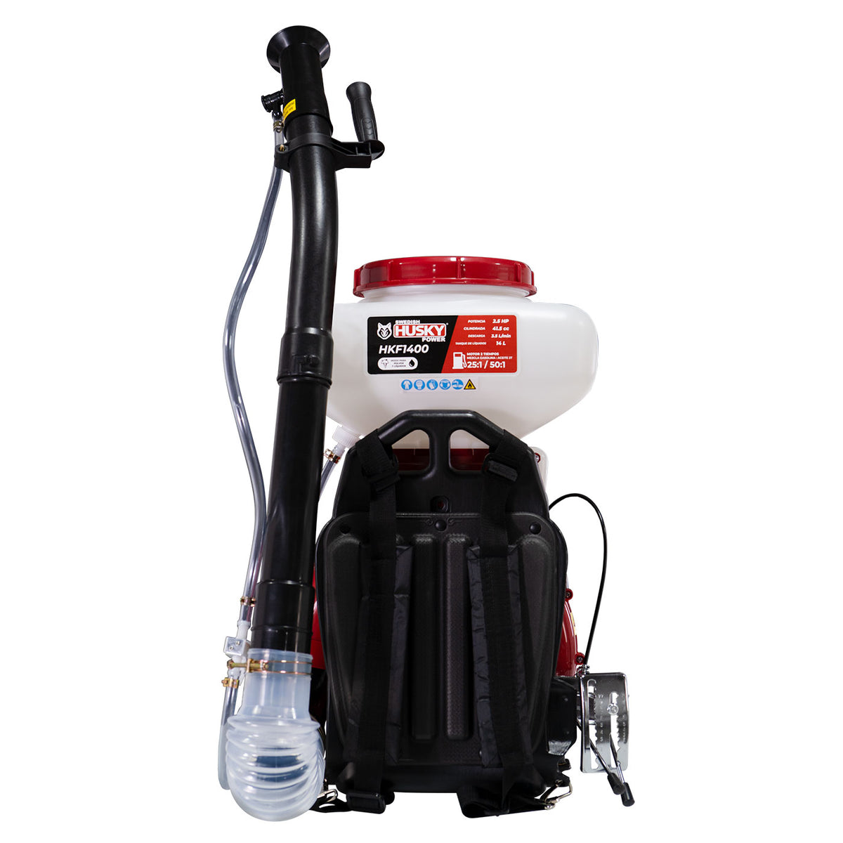 Aspersora motorizada Husky Power HKF1400 de 14 L y 41.5 cc, vista trasera.