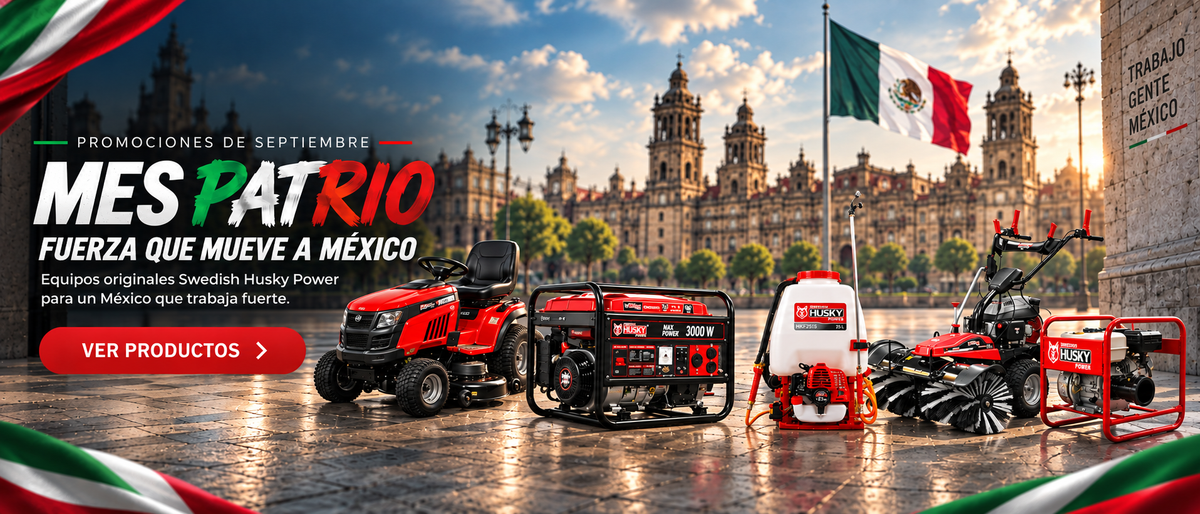 Banner promocional de septiembre de Distribuidor Husky Power con equipos Swedish Husky Power, promociones del Mes Patrio y envío a todo México.