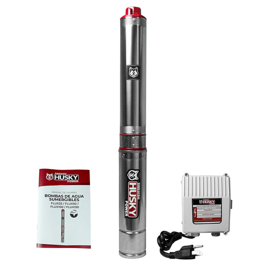 Bomba sumergible Husky Power FLUX150 de 1.5 HP, con accesorios incluidos.