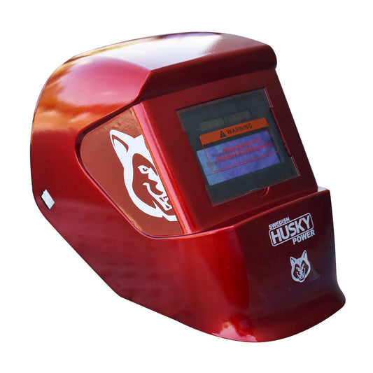 Careta electrónica para soldar Husky Power HKC25 color rojo, vista en tres cuartos.