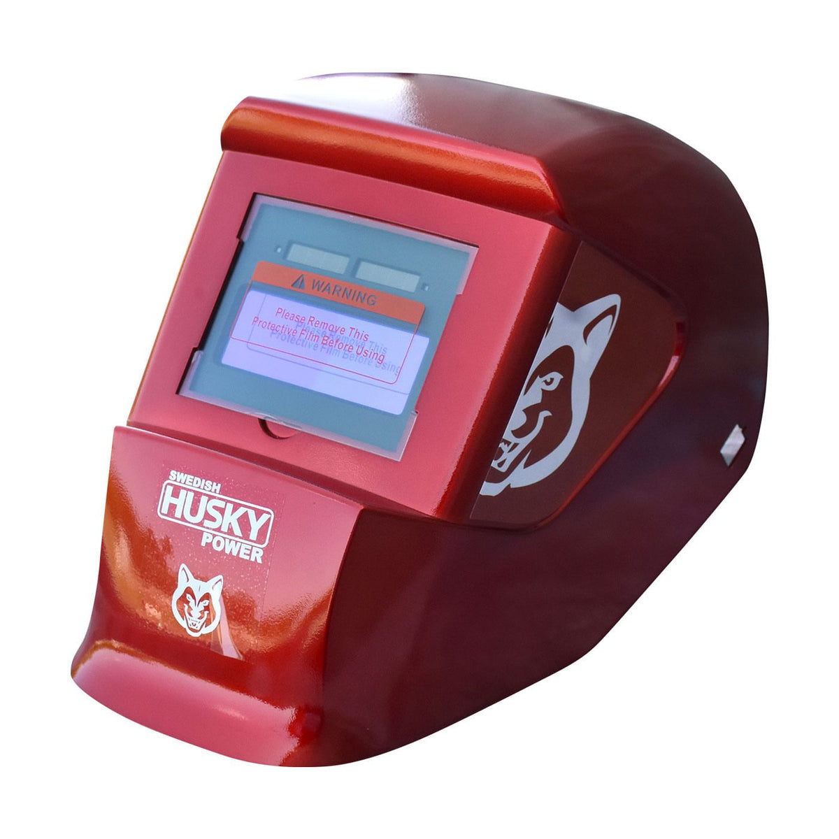 Careta electrónica para soldar Husky Power HKC25 color rojo, tres cuartos opuesto.