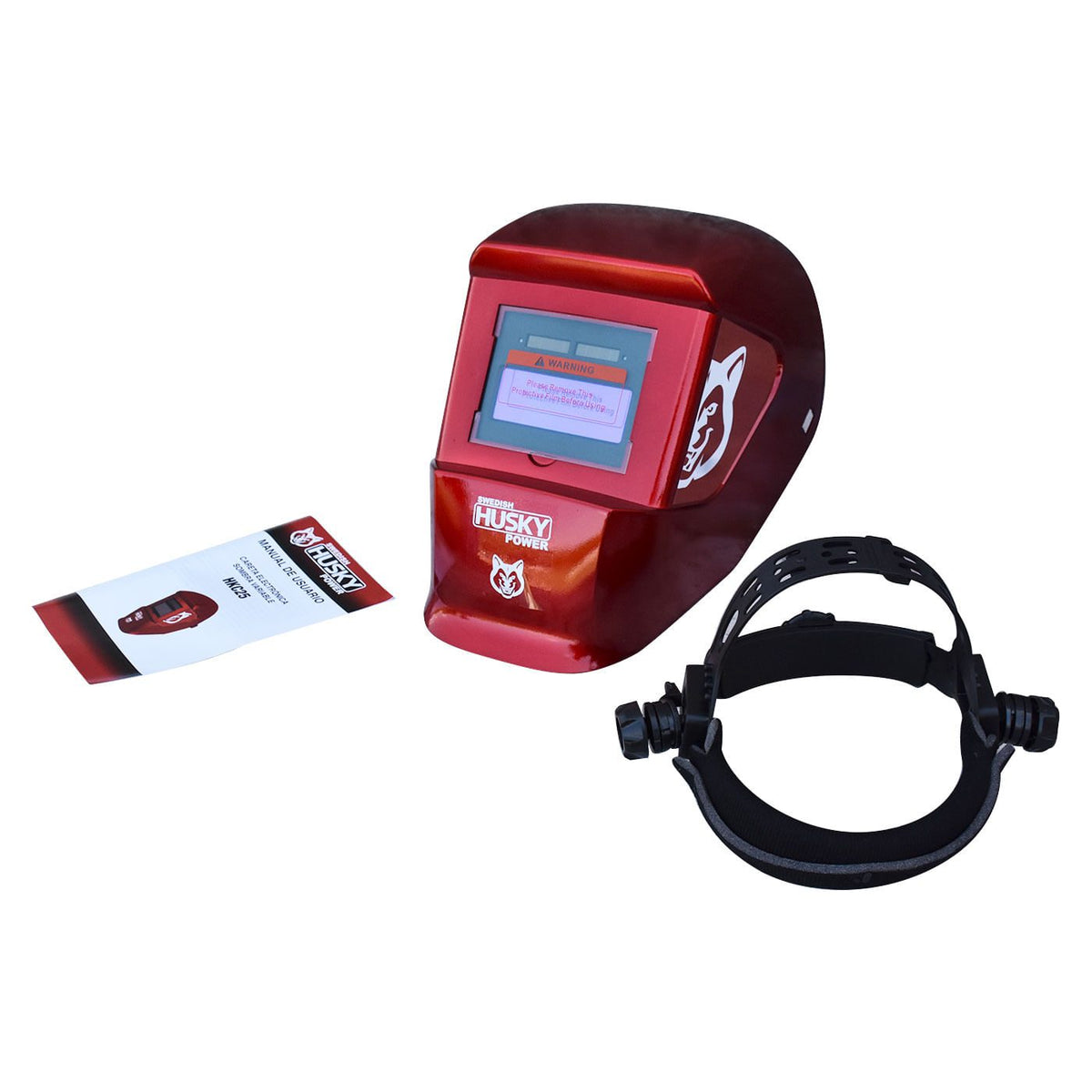 Careta electrónica para soldar Husky Power HKC25 color rojo, kit completo.