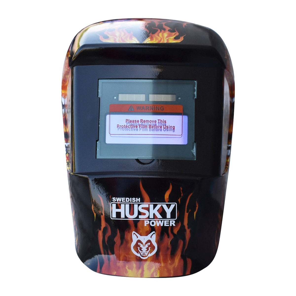 Careta electrónica para soldar Husky Power HKC35 diseño llamas, vista frontal.