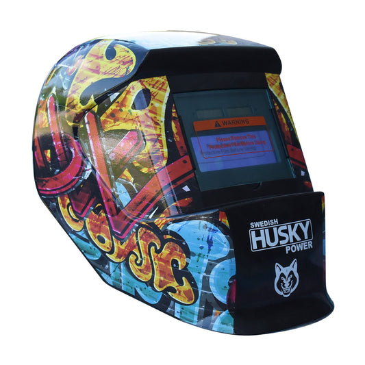 Careta electrónica para soldar Husky Power HKC45 diseño grafiti, vista en tres cuartos.