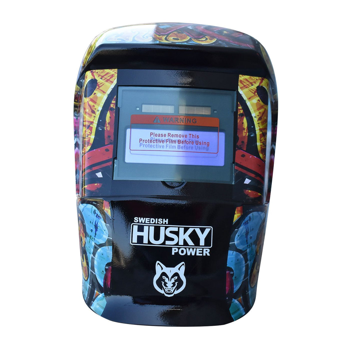 Careta electrónica para soldar Husky Power HKC45 diseño grafiti, vista frontal.