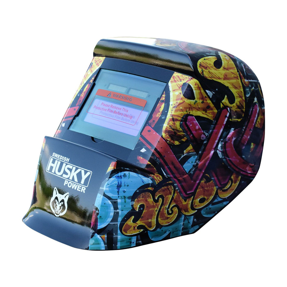 Careta electrónica para soldar Husky Power HKC45 diseño grafiti, tres cuartos opuesto.