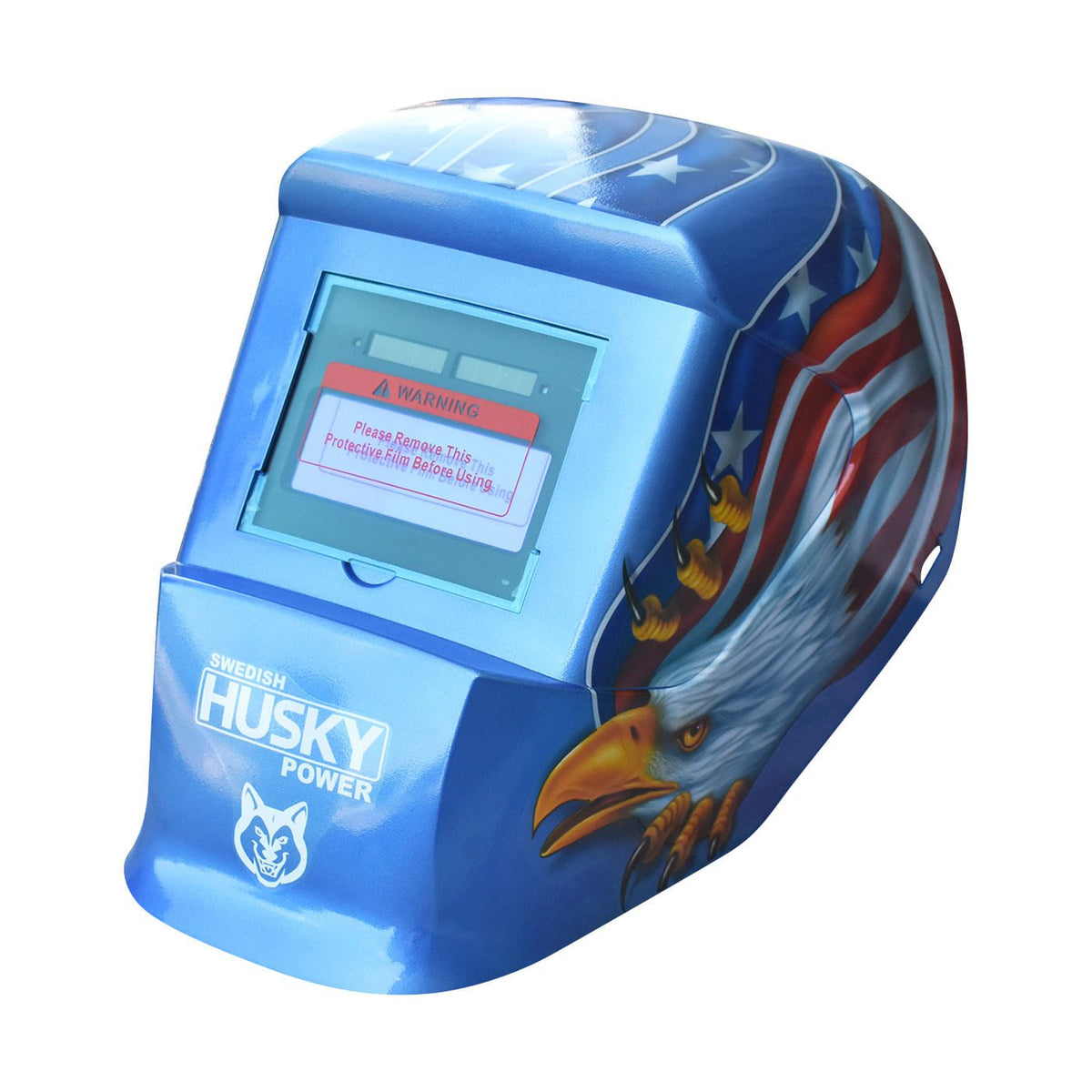Careta electrónica para soldar Husky Power HKC55 diseño águila, tres cuartos opuesto.