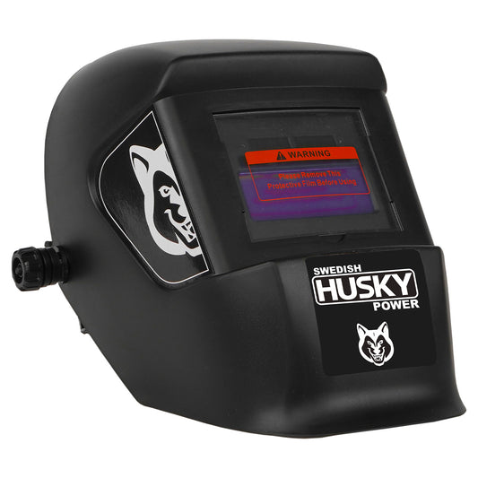 Careta electrónica para soldar Husky Power HKC15 de sombra variable, vista en tres cuartos.