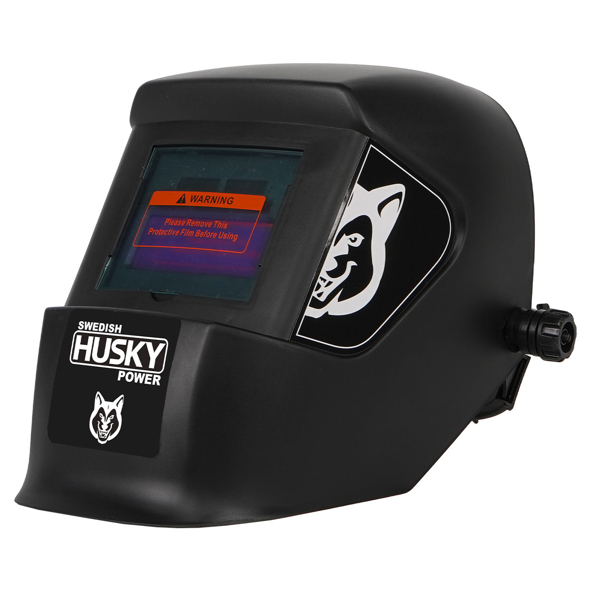 Careta electrónica para soldar Husky Power HKC15 de sombra variable, vista en tres cuartos opuesta.