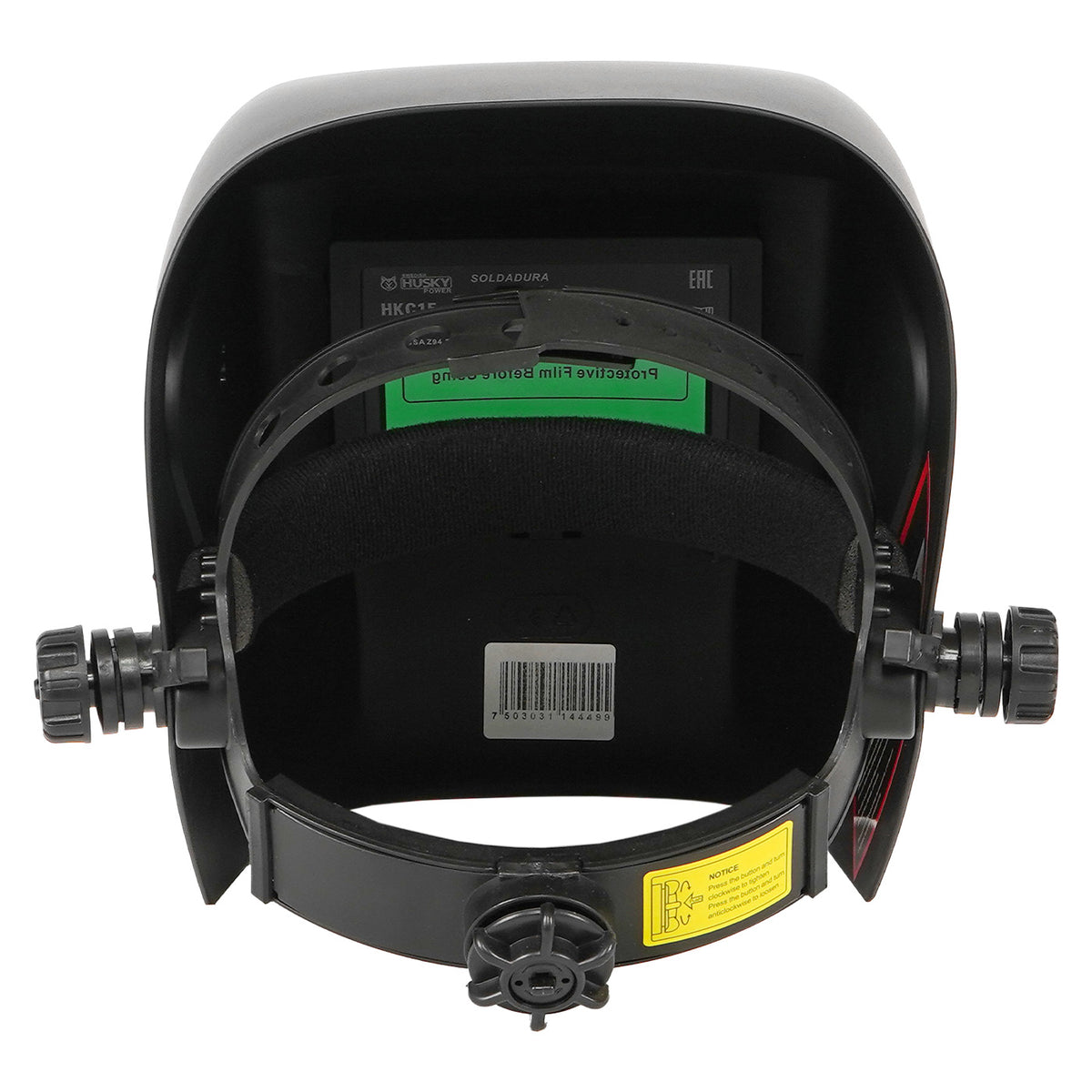 Careta electrónica para soldar Husky Power HKC15 de sombra variable, vista trasera.