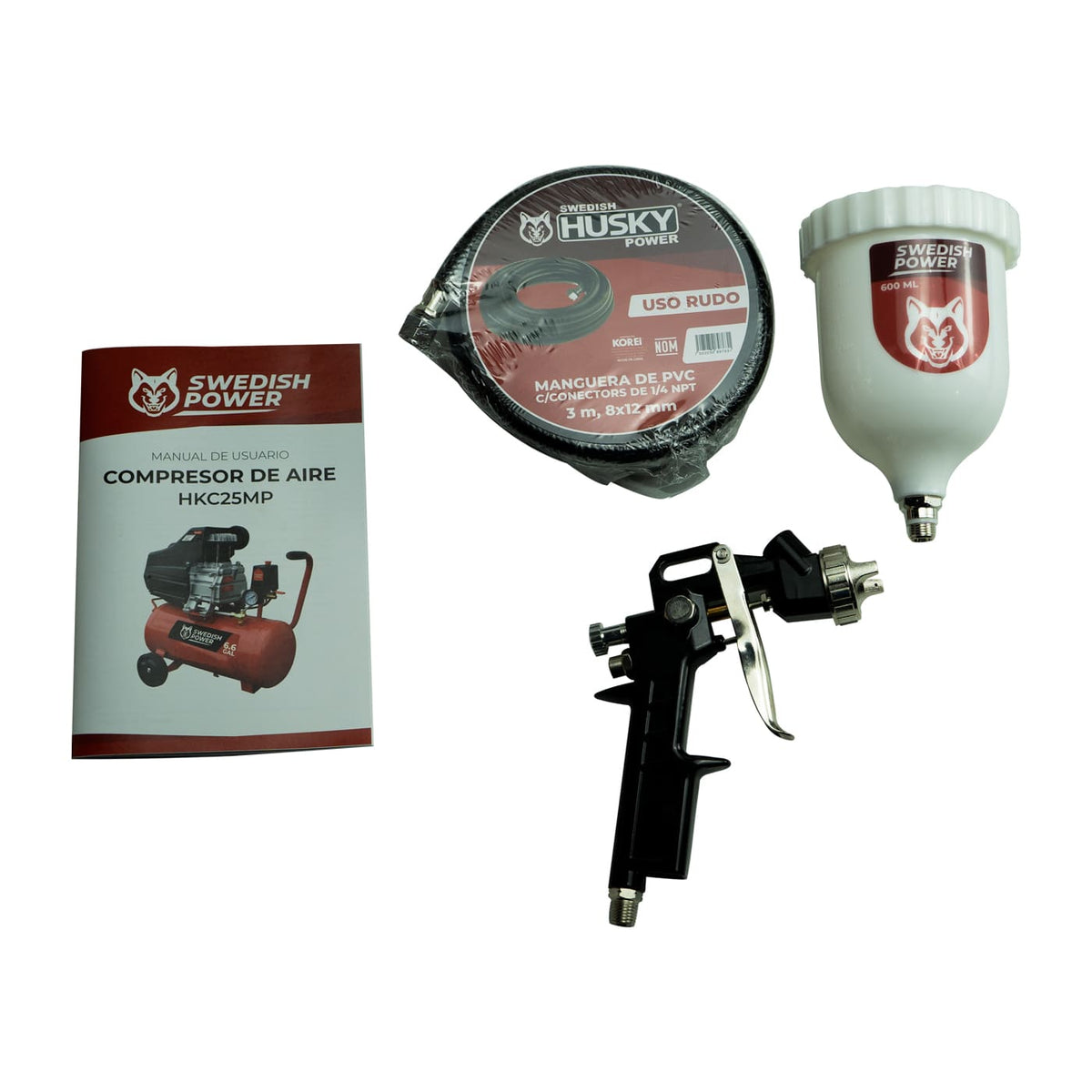 Compresor de aire Husky Power HKC25MP de 25 L y 2.5 HP, accesorios incluidos.