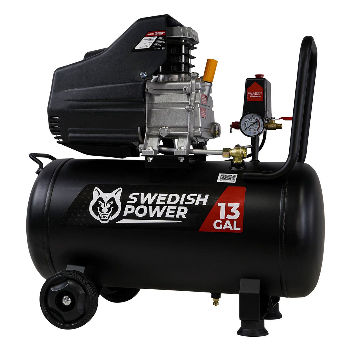 Compresor de aire Husky Power HKC50L de 50 L y 3.5 HP, vista lateral.