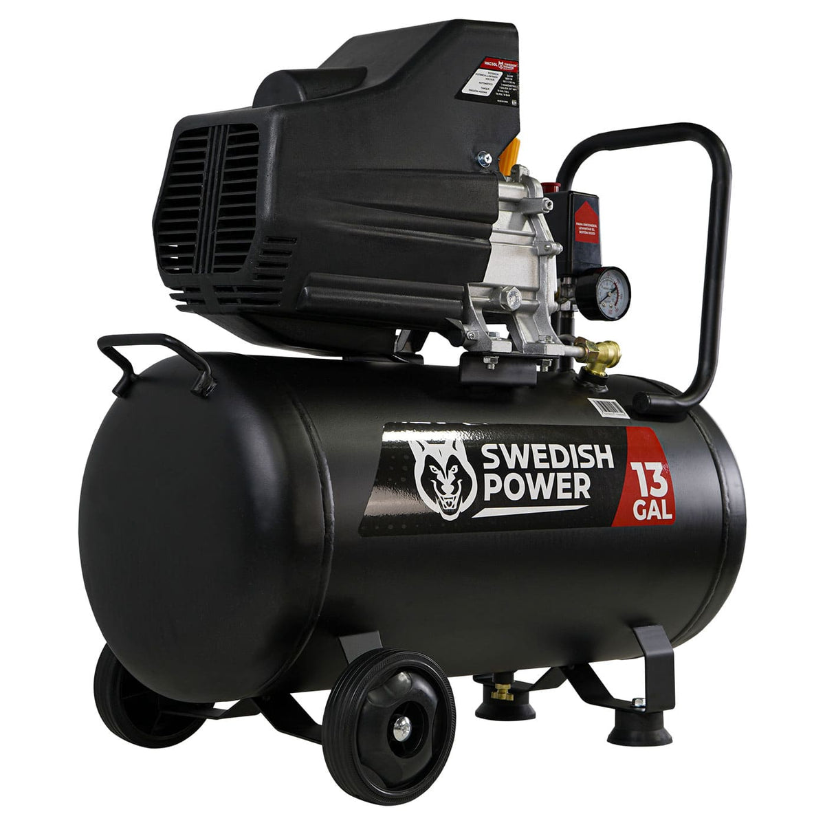 Compresor de aire Husky Power HKC50L de 50 L y 3.5 HP, vista opuesta.