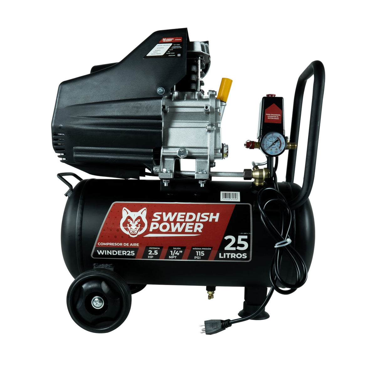 Compresor de aire Husky Power WINDER25 de 25 L y 2.5 HP, vista en tres cuartos.