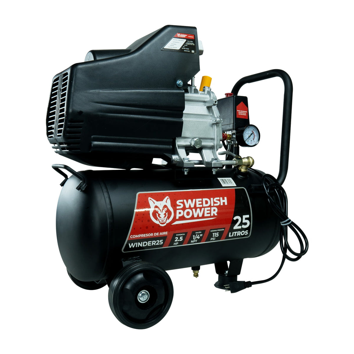 Compresor de aire Husky Power WINDER25 de 25 L y 2.5 HP, vista opuesta.