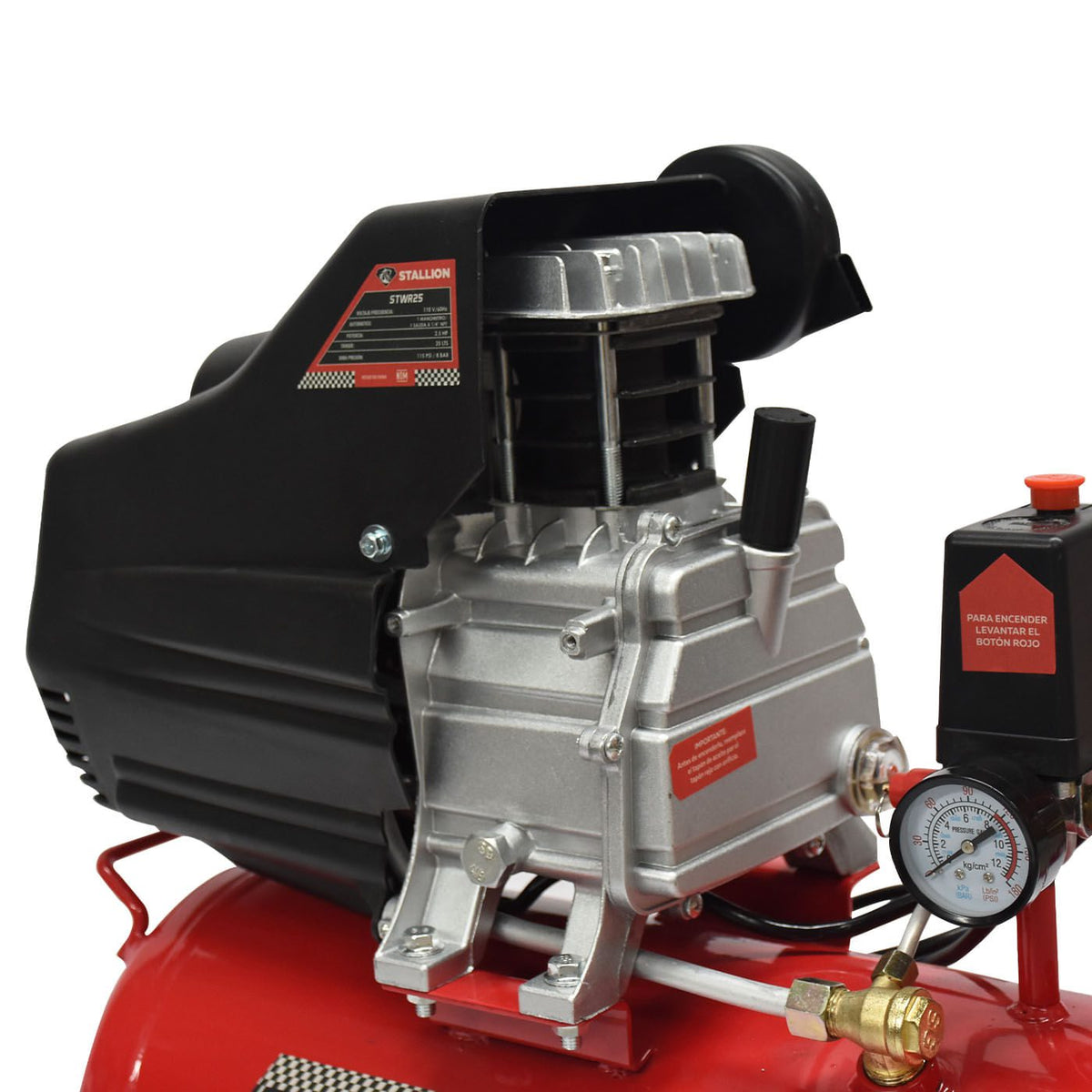 Compresor de aire 25 L Stallion STWR25, detalle del motor y manómetro.