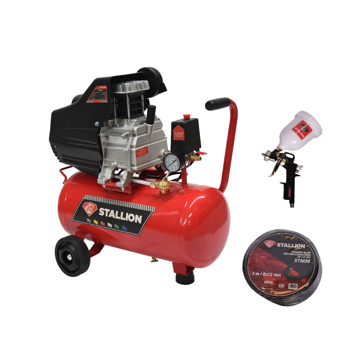 Compresor de aire 25 L Stallion STWR25, vista con accesorios.