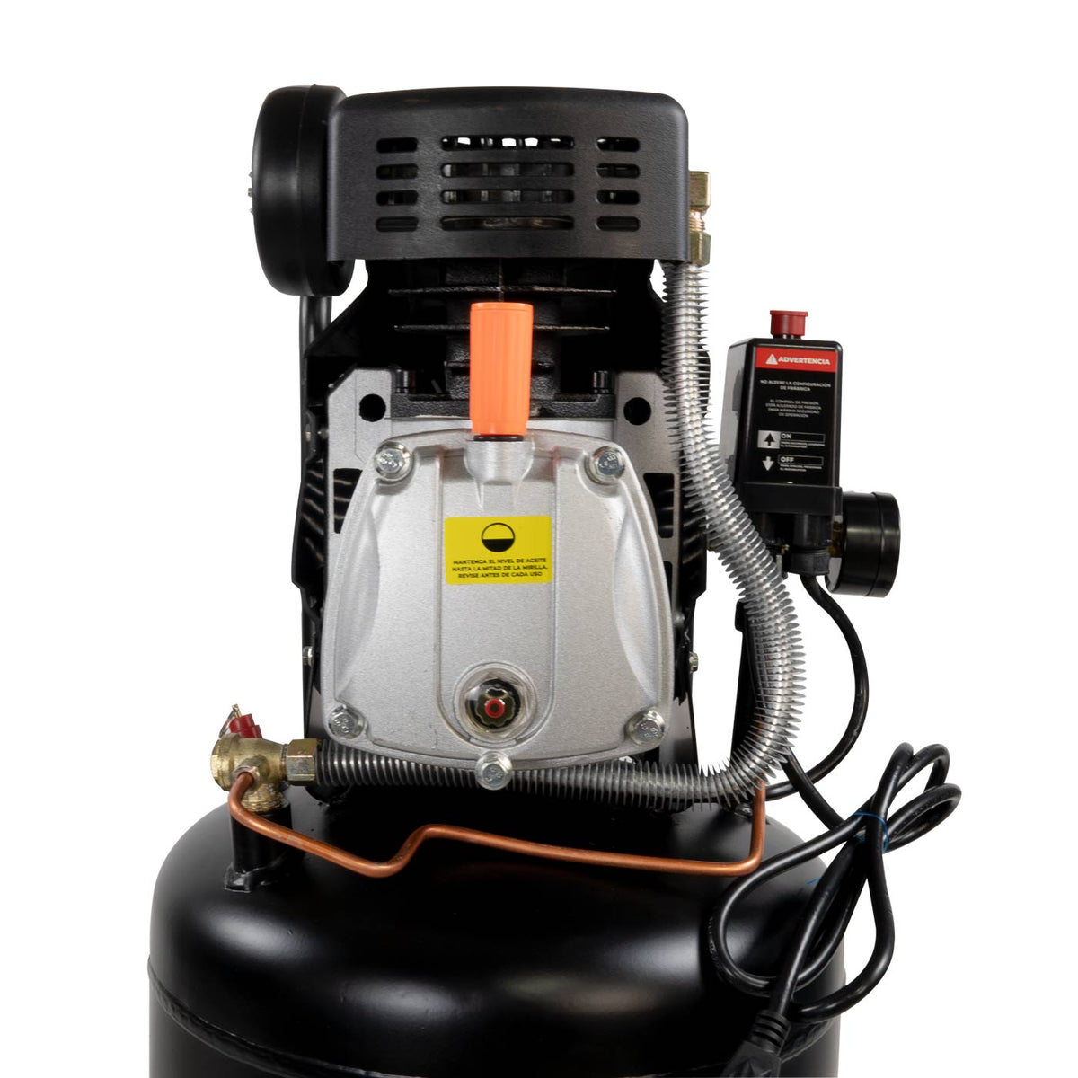 Detalle del cabezal y motor del compresor Swedish Husky Power HKC50V.