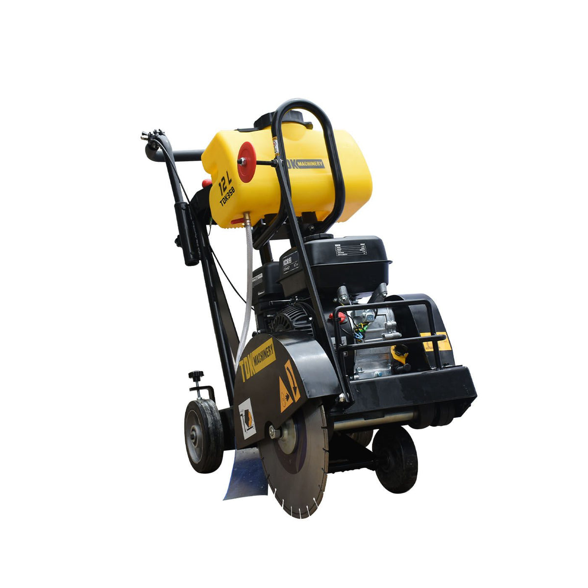 Cortadora de concreto TDK TDK350-KR67 con motor Korei de 6.7 HP, vista en tres cuartos.