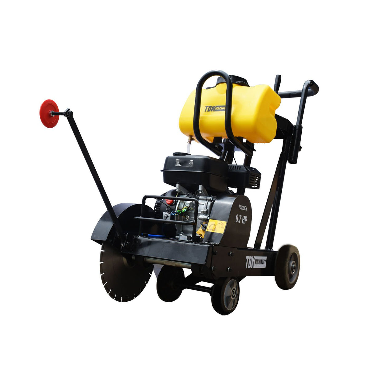 Cortadora de concreto TDK TDK350-KR67 con motor Korei de 6.7 HP, vista posterior lateral.