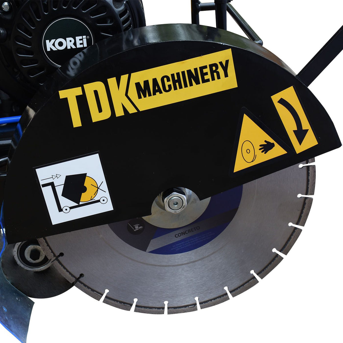 Cortadora de concreto TDK TDK350-KR67 con motor Korei de 6.7 HP, detalle del disco de corte.