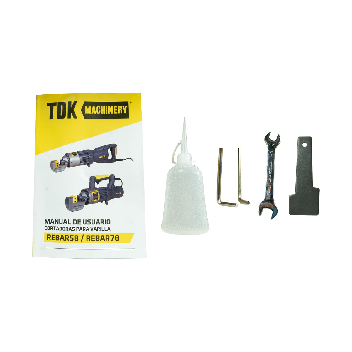Accesorios y manual incluidos con la cortadora de varilla TDK REBAR58.