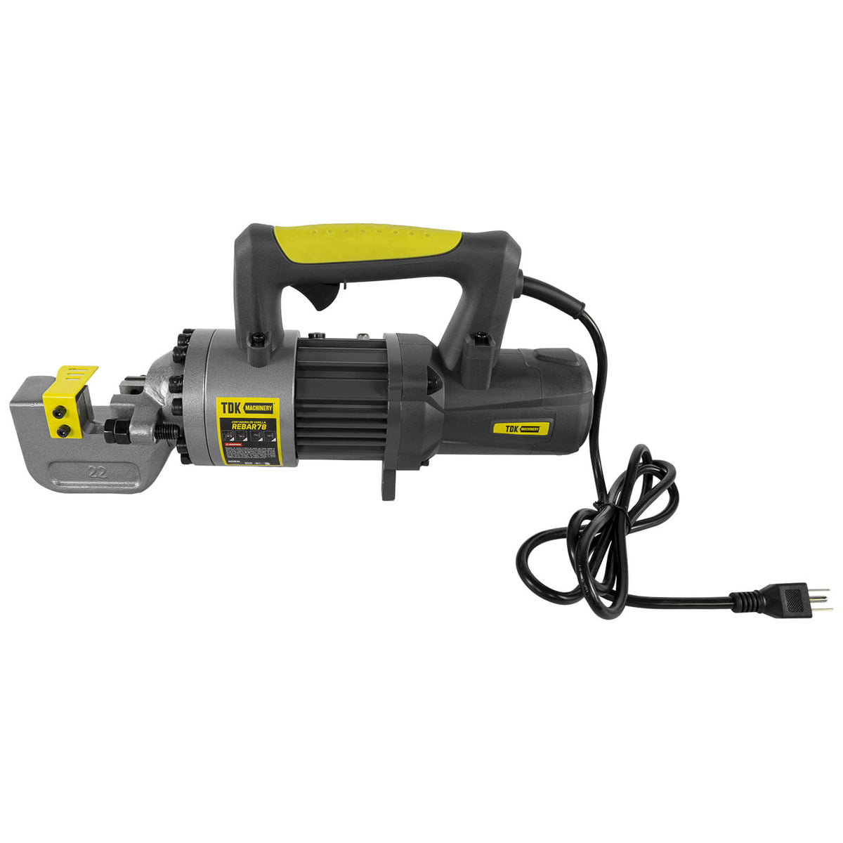 Cortadora eléctrica de varilla TDK REBAR78, vista lateral con cable.