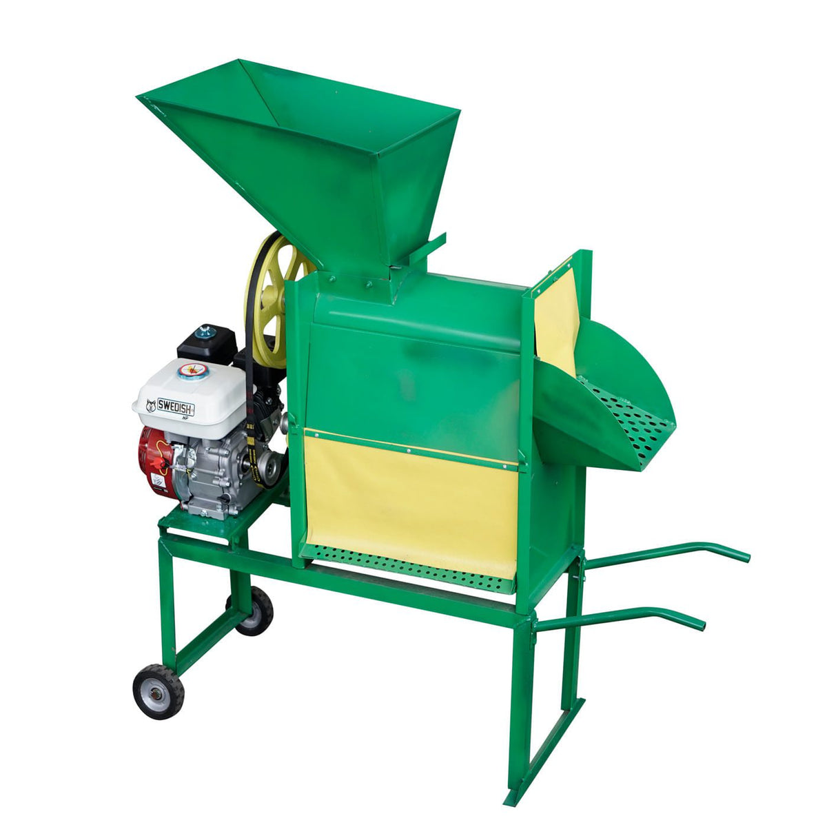 Desgranadora de maíz Rayken RKDM1800-RLM65 con motor 6.5 HP, vista en tres cuartos.