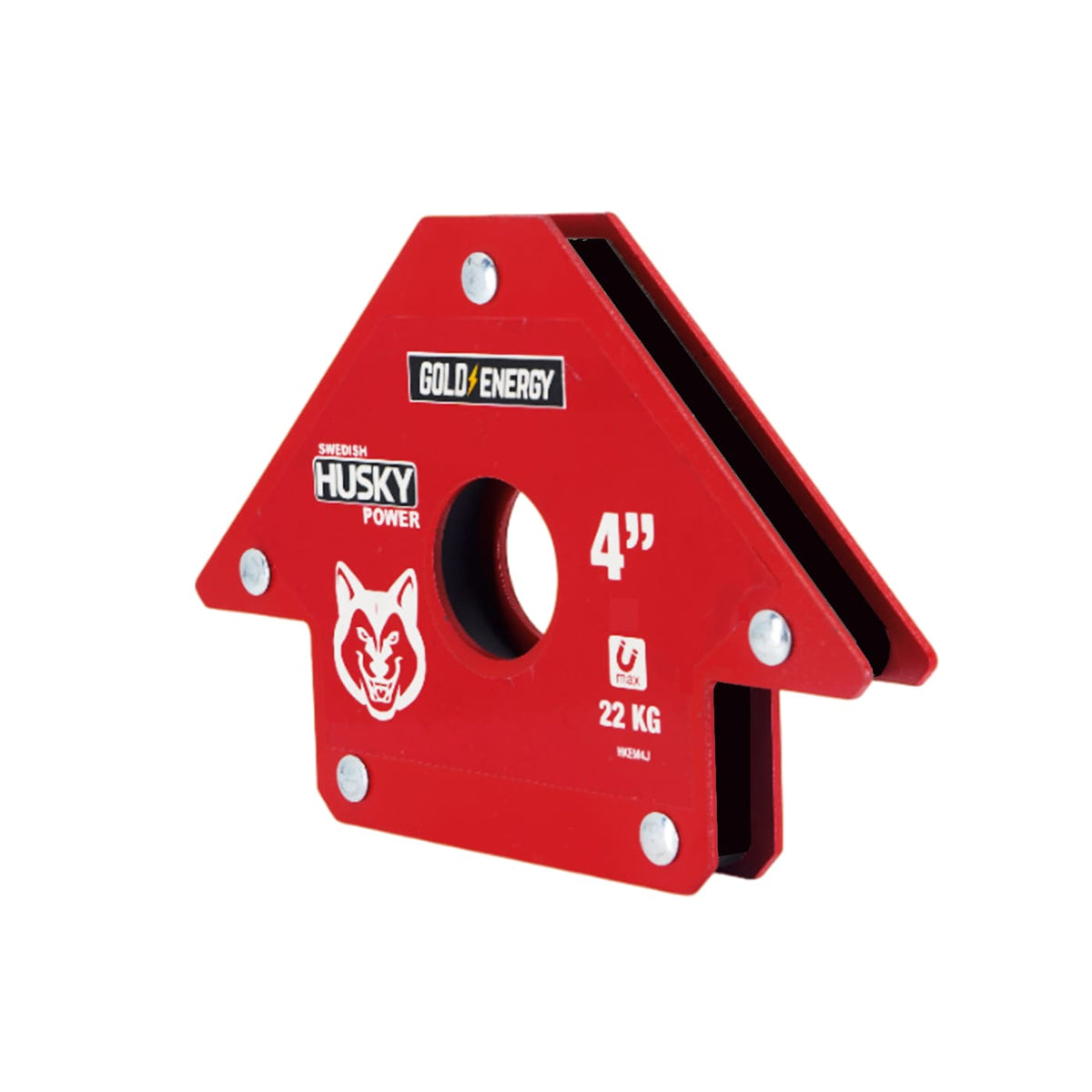 Escuadra magnética para soldar de 4 pulgadas Swedish Husky Power HKEM4, vista en tres cuartos.