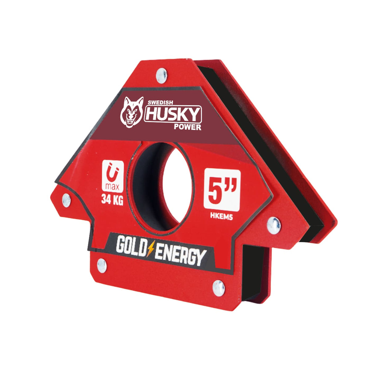 Escuadra magnética para soldar de 5 pulgadas Swedish Husky Power HKEM5, vista en tres cuartos.