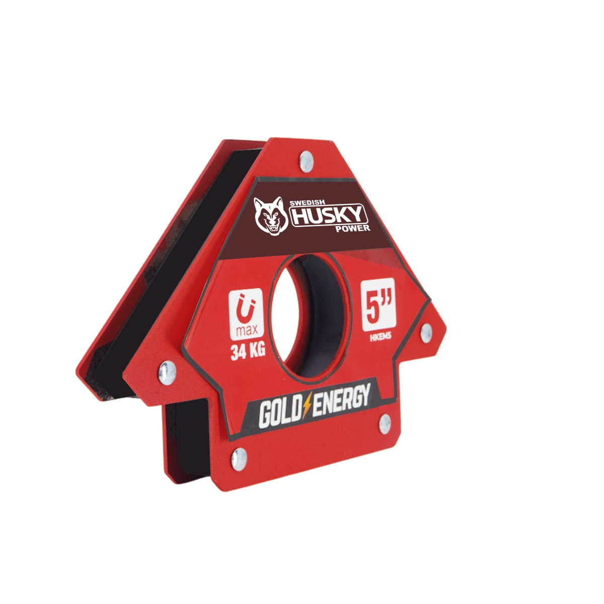 Escuadra magnética para soldar de 5 pulgadas Swedish Husky Power HKEM5, vista frontal en ángulo.