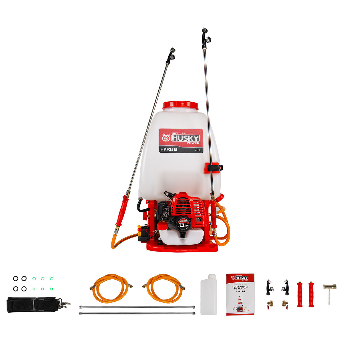 Fumigadora aspersora Husky Power HKF2515 de 25 L y 26 cc, vista trasera con manguera.