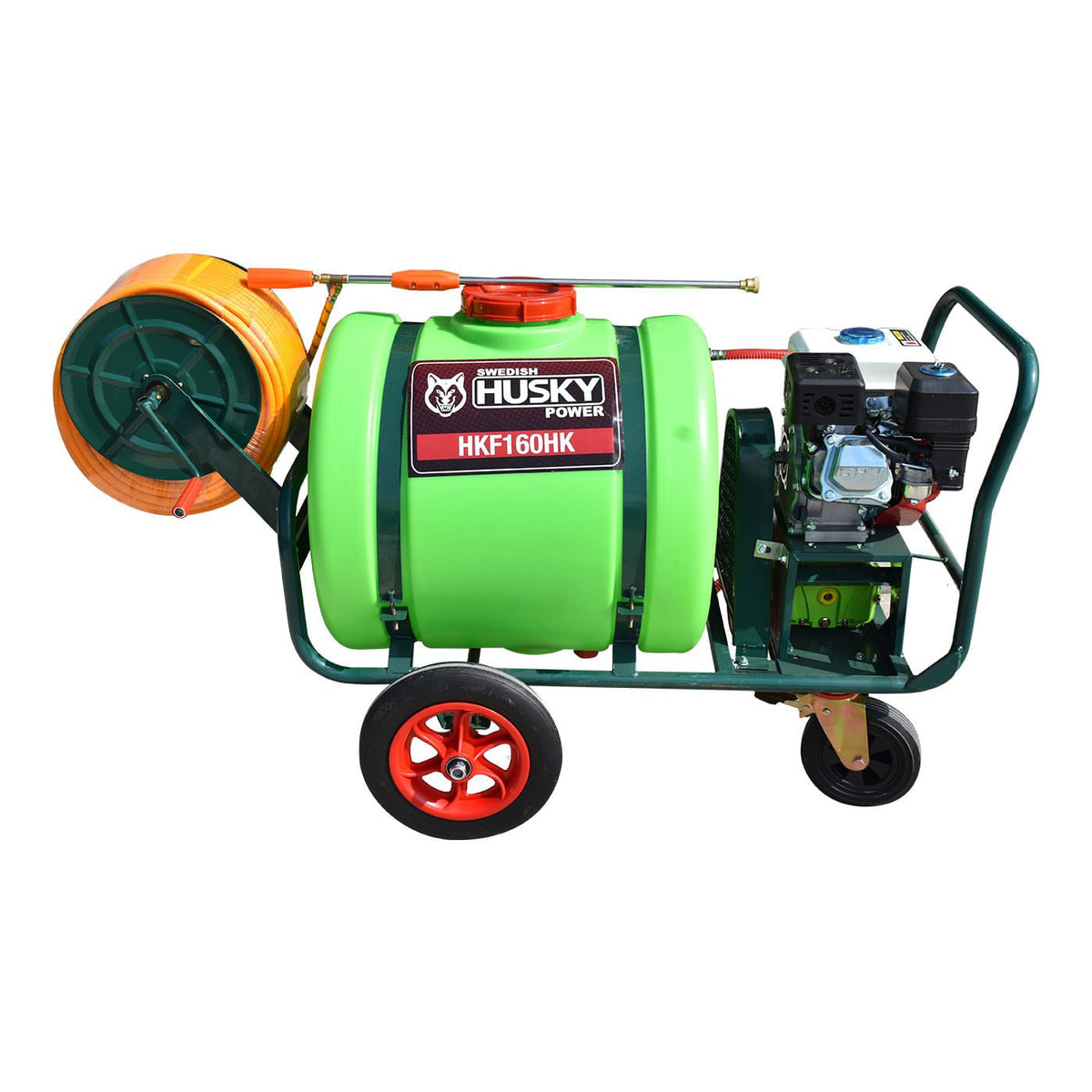 Fumigadora de pistones Husky Power HKF160HK de 160 L con motor 6.5 HP, vista opuesta.