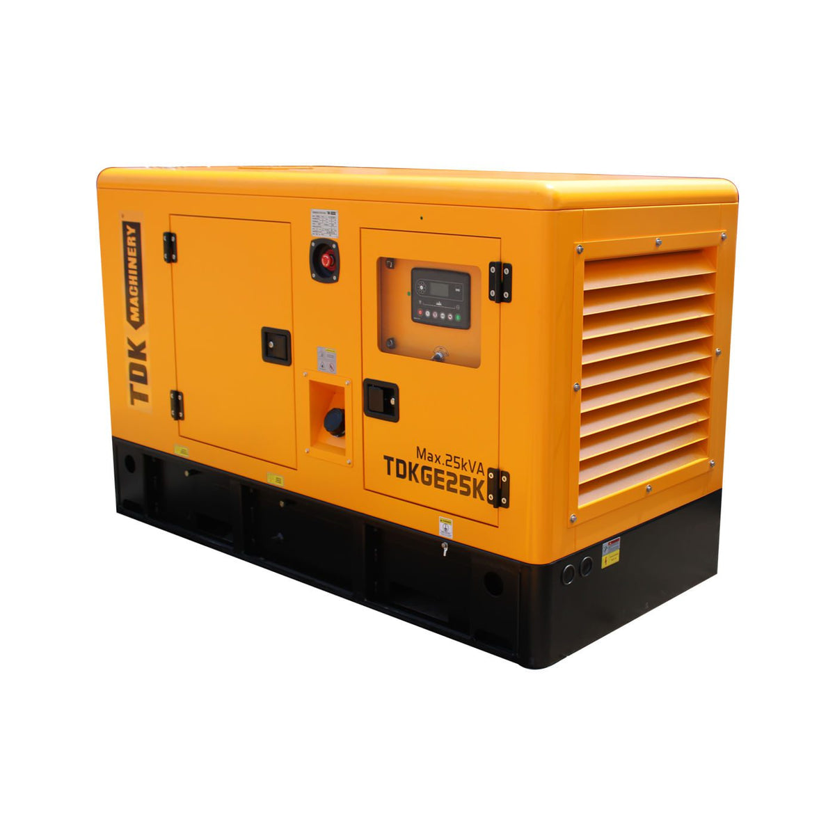 Generador estacionario TDK TDKGE25K 20 kW / 25 kVA, vista en tres cuartos derecha.
